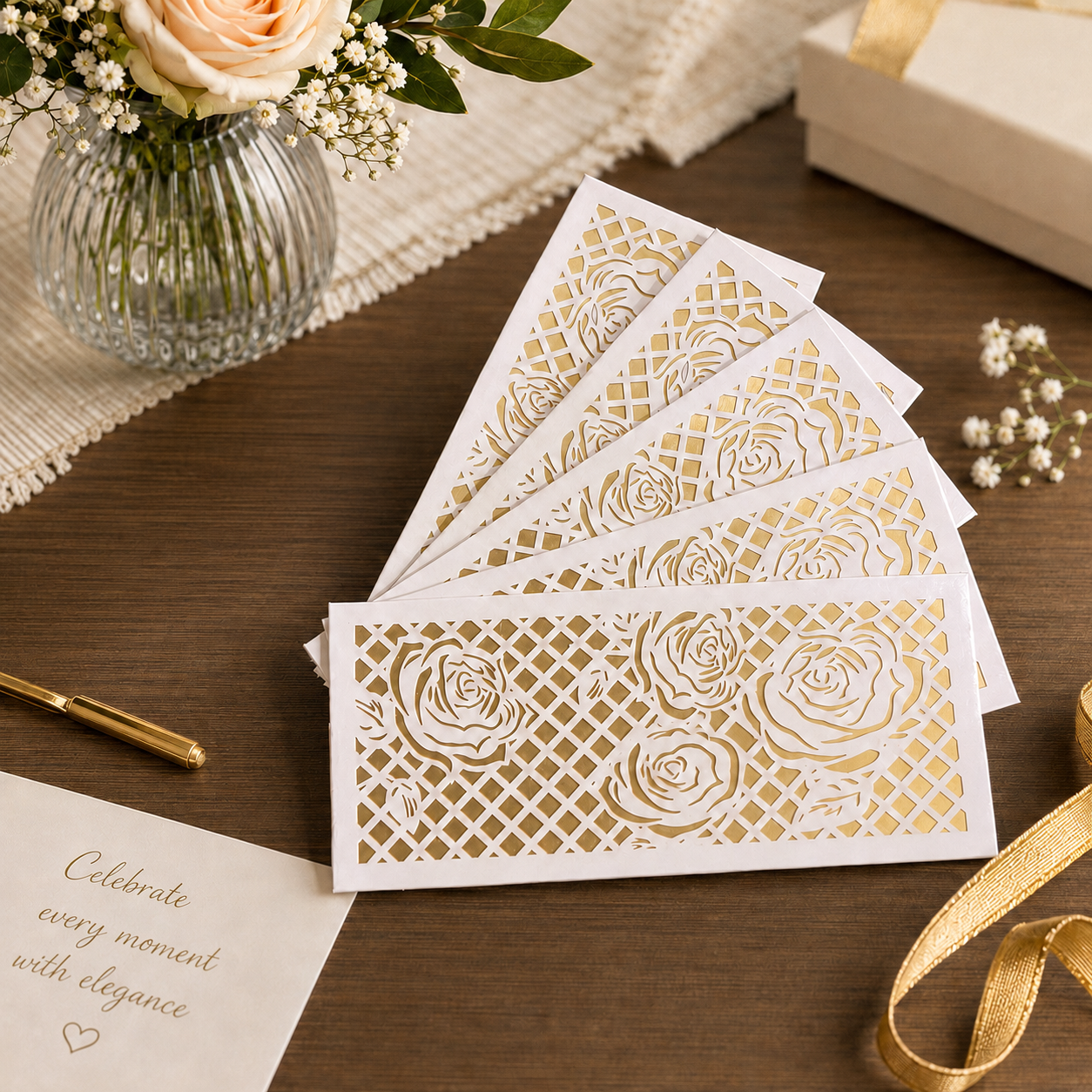 Premium WHITE & GOLDEN ROSE Laser Cut Money Envelopes Pack of 10 – Premium Shagun Lifafa, Cash Gift Envelope & Wedding Money Cover by IZELS