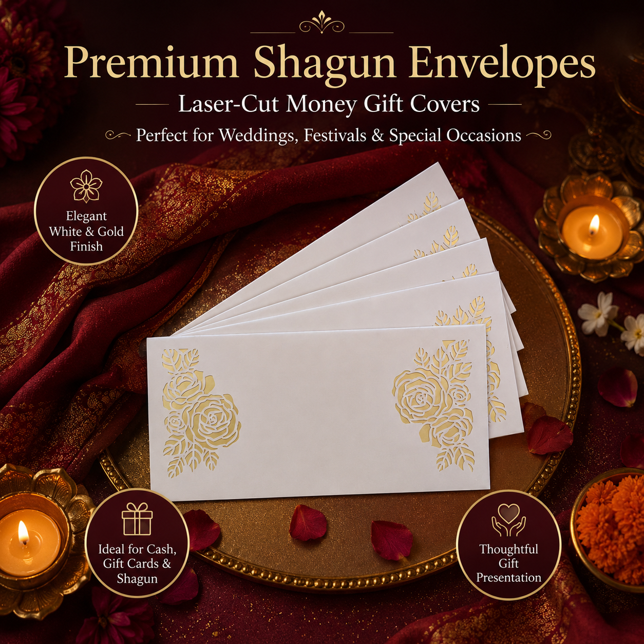 WHITE & GOLD Laser Cut Money Envelopes Pack of 10 – Premium Shagun Lifafa, Cash Gift Envelope & Wedding Money Cover by IZELS