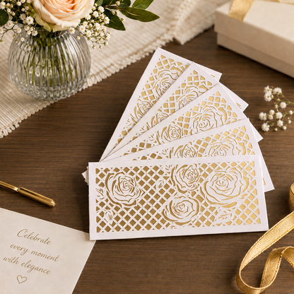 Premium WHITE & GOLDEN ROSE Laser Cut Money Envelopes Pack of 10 – Premium Shagun Lifafa, Cash Gift Envelope & Wedding Money Cover by IZELS