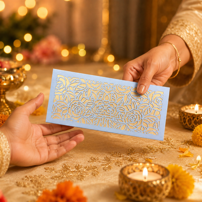 Premium Laser Cut Shagun Lifafa Blue & Gold – Designer Wedding Money Envelopes India | IZELS | PACK OF 10