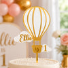 Personalised Hot Air Balloon Cake Topper in Golden & White Mirror Acrylic – Custom Name and Age