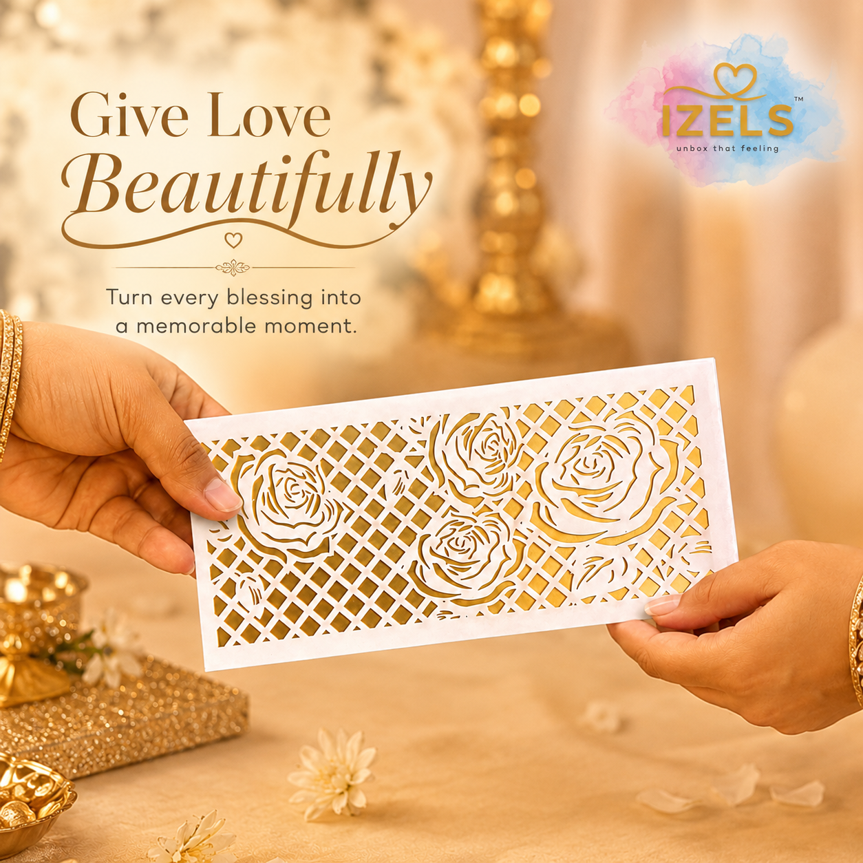 Premium WHITE & GOLDEN ROSE Laser Cut Money Envelopes Pack of 10 – Premium Shagun Lifafa, Cash Gift Envelope & Wedding Money Cover by IZELS