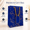 Premium BLUE Glitter Gift Bag 23×18×10 cm | Metallic Paper Gift Bag with Gold Foiling Design, Rope Handle & Tag | Reusable Luxury Gift Bag for Birthday, Wedding, Anniversary & Festive Gifting