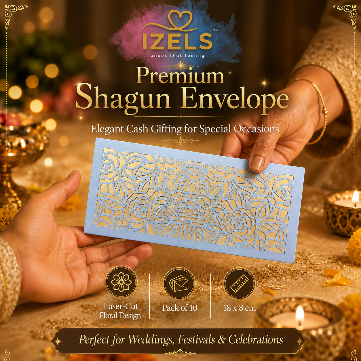 Premium Laser Cut Shagun Lifafa Blue & Gold – Designer Wedding Money Envelopes India | IZELS | PACK OF 10