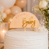 Hello Baby Cake Topper – Laminated Wooden Baby Shower Cake Topper with Golden Acrylic Baby