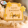 Personalised Name Birthday Cake Topper | Custom Name Cake Topper | Premium Laminated MDF & Golden Acrylic Floral Cake Decoration | Laser Cut Birthday Topper – 6 x 4 Inch