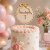 Personalised Wooden Cake Topper with Golden Mirror Acrylic Bow – Custom Name & Age Birthday Cake Decoration