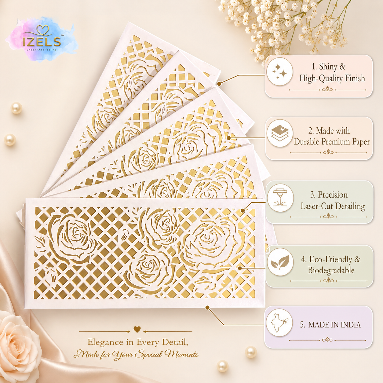 Premium WHITE & GOLDEN ROSE Laser Cut Money Envelopes Pack of 10 – Premium Shagun Lifafa, Cash Gift Envelope & Wedding Money Cover by IZELS