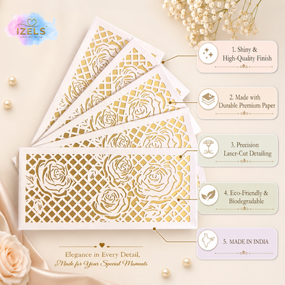 Premium WHITE & GOLDEN ROSE Laser Cut Money Envelopes Pack of 10 – Premium Shagun Lifafa, Cash Gift Envelope & Wedding Money Cover by IZELS