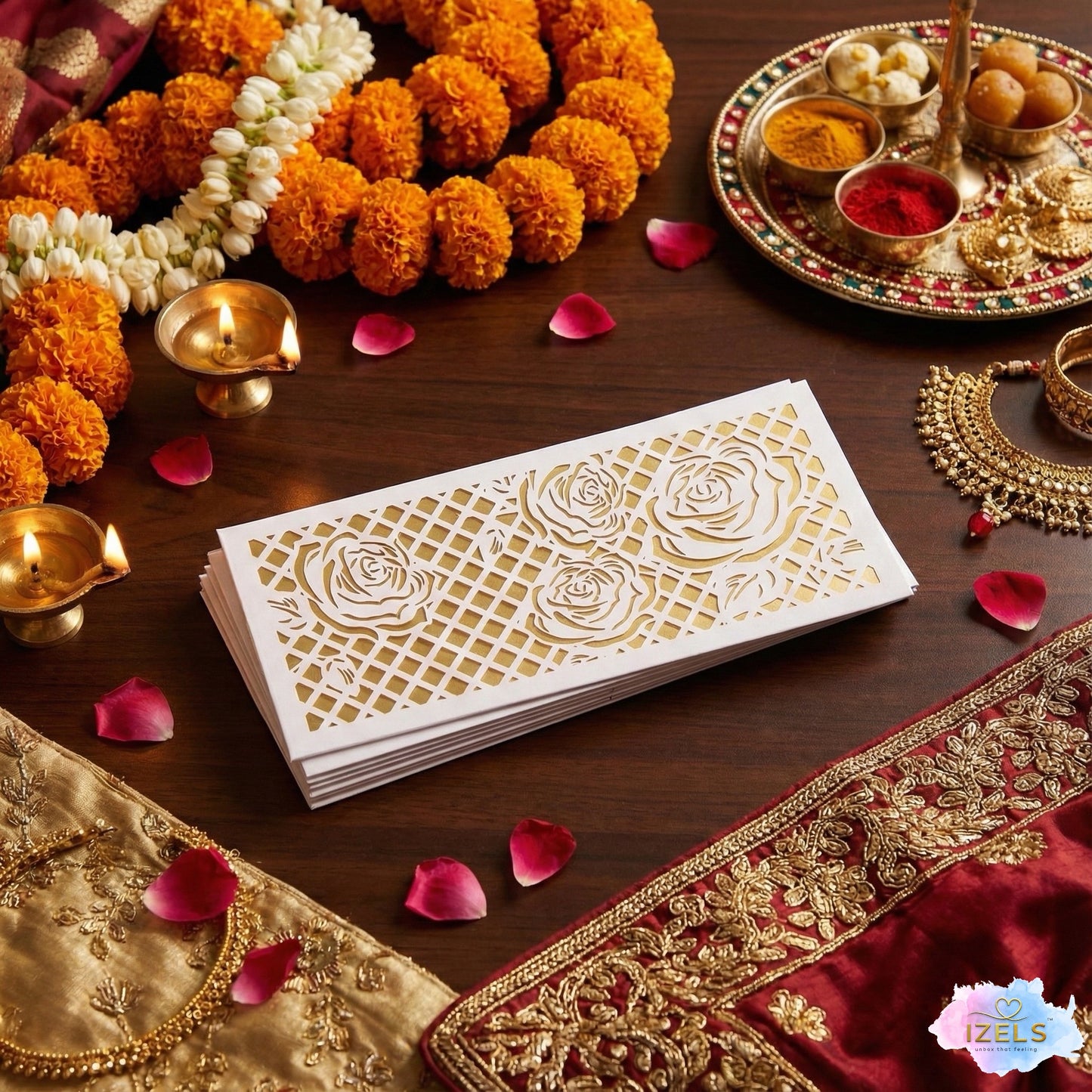 Premium WHITE & GOLDEN ROSE Laser Cut Money Envelopes Pack of 10 – Premium Shagun Lifafa, Cash Gift Envelope & Wedding Money Cover by IZELS