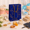 Premium BLUE Glitter Gift Bag 23×18×10 cm | Metallic Paper Gift Bag with Gold Foiling Design, Rope Handle & Tag | Reusable Luxury Gift Bag for Birthday, Wedding, Anniversary & Festive Gifting