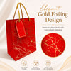 Premium RED Glitter Gift Bag 23×18×10 cm | Metallic Paper Gift Bag with Gold Foiling Design, Rope Handle & Tag | Reusable Luxury Gift Bag for Birthday, Wedding, Anniversary & Festive Gifting