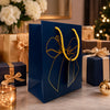 Premium BLUE Metallic Gift Bag 23 × 18 × 10 cm with Gold Foiling Bow Design, Rope Handle & Gift Tag | Luxury Paper Gift Bag for Birthday, Wedding, Anniversary, Festive & Corporate Gifting