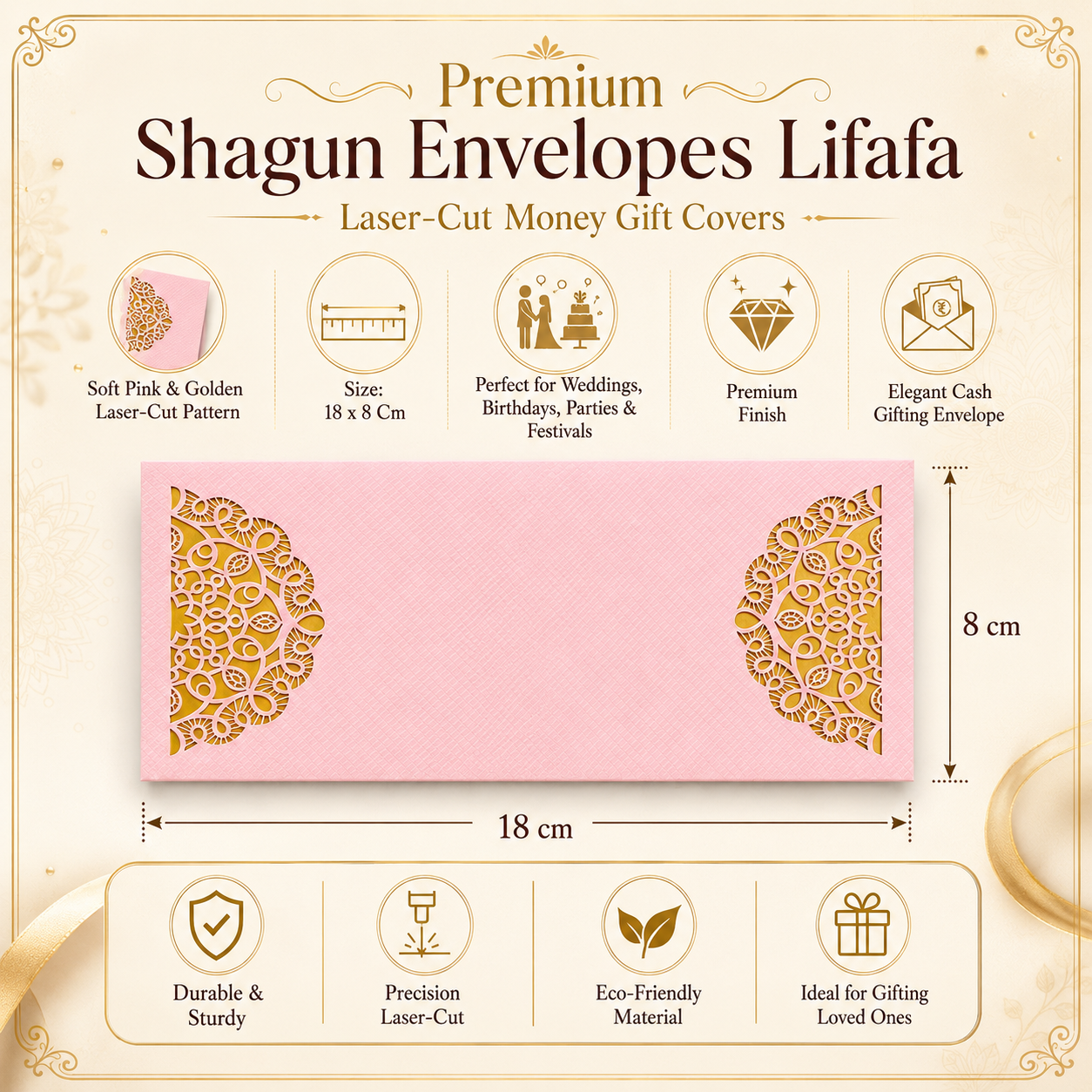PINK & GOLD Laser Cut Money Envelopes Pack of 10 – Premium Shagun Lifafa, Cash Gift Envelope & Wedding Money Cover by IZELS