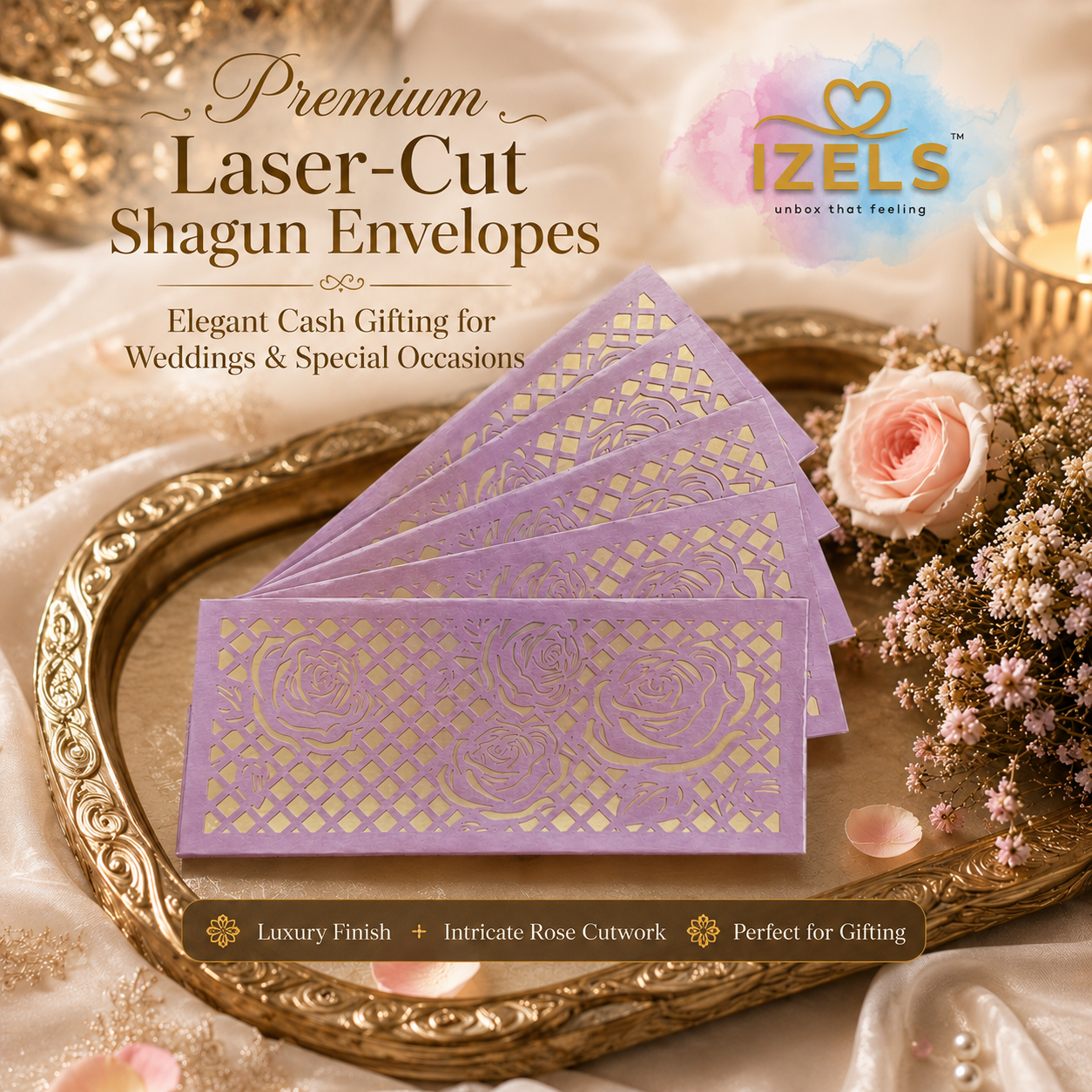Premium Pink And Gold {Colour} Laser Cut Money Envelopes Pack of 10 – Premium Shagun Lifafa, Cash Gift Envelope & Wedding Money Cover by IZELS