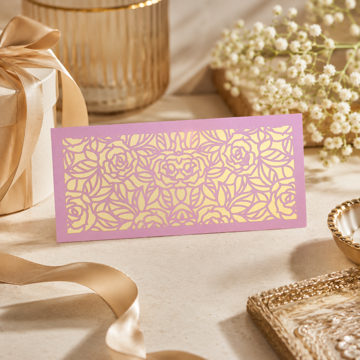 Premium Pink  And Golden Laser Cut Shagun Lifafa – Designer Wedding Money Envelopes India | IZELS| PACK OF 10