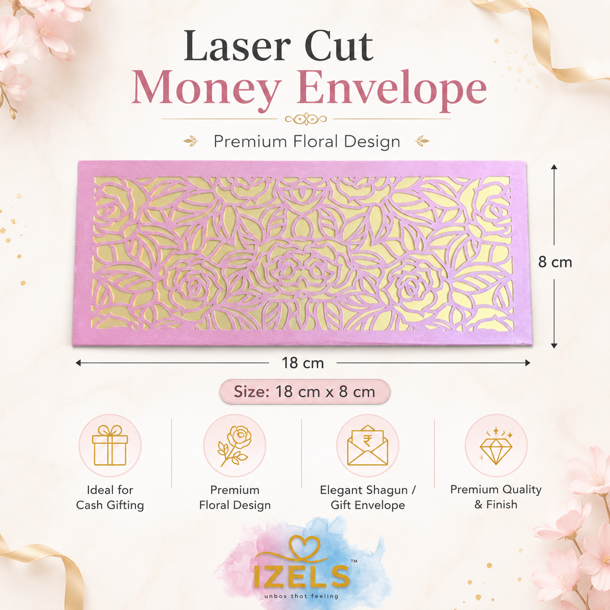 Premium Pink  And Golden Laser Cut Shagun Lifafa – Designer Wedding Money Envelopes India | IZELS| PACK OF 10