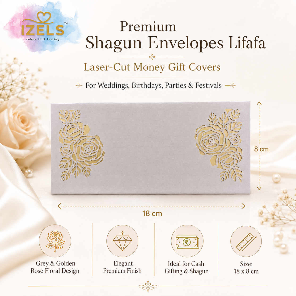 WHITE & GOLD Laser Cut Money Envelopes Pack of 10 – Premium Shagun Lifafa, Cash Gift Envelope & Wedding Money Cover by IZELS
