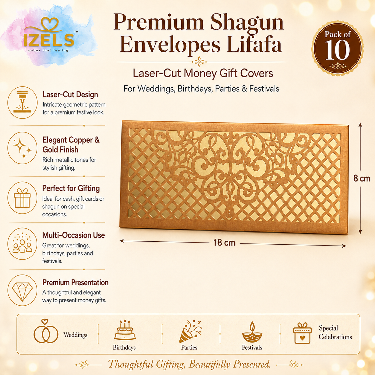 COPPER & GOLD Laser Cut Money Envelopes Pack of 10 – Premium Shagun Lifafa, Cash Gift Envelope & Wedding Money Cover by IZELS
