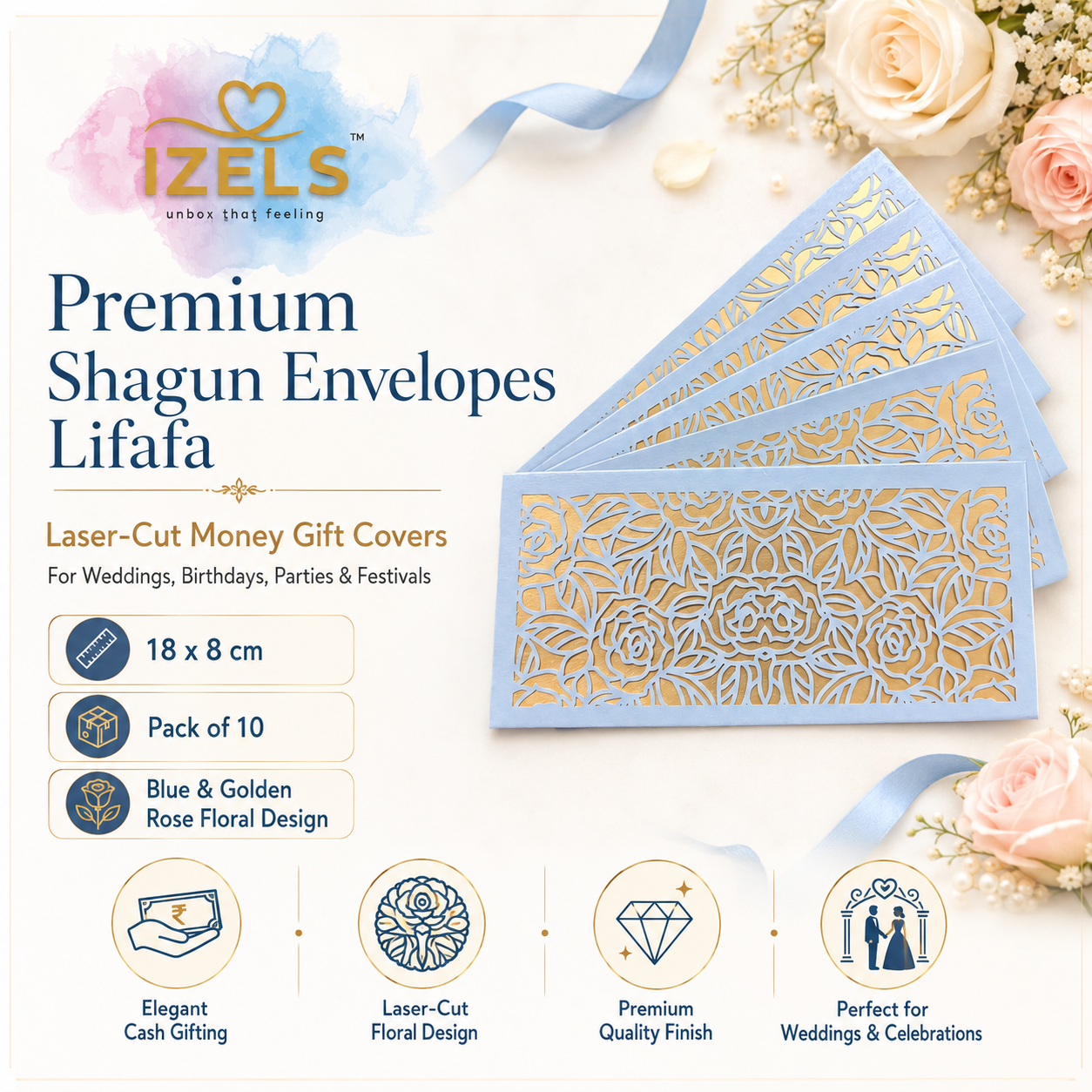 Premium BABY BLUE & GOLD Laser Cut Money Envelopes Pack of 10 – Premium Shagun Lifafa, Cash Gift Envelope & Wedding Money Cover by IZELS