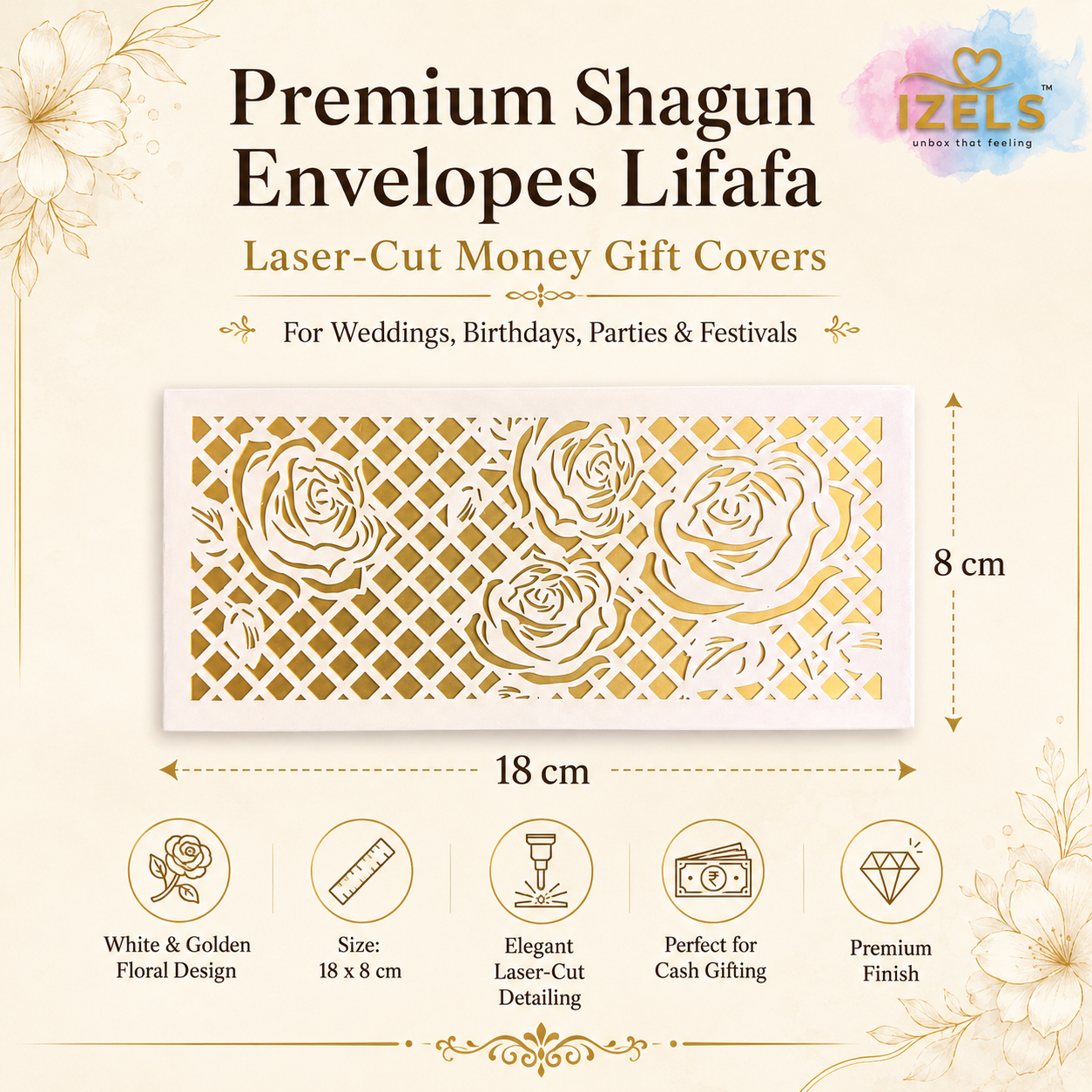 Premium WHITE & GOLDEN ROSE Laser Cut Money Envelopes Pack of 10 – Premium Shagun Lifafa, Cash Gift Envelope & Wedding Money Cover by IZELS