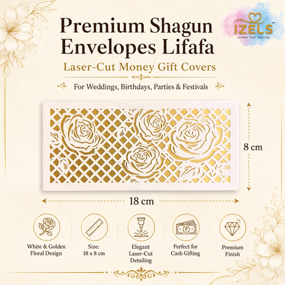 Premium WHITE & GOLDEN ROSE Laser Cut Money Envelopes Pack of 10 – Premium Shagun Lifafa, Cash Gift Envelope & Wedding Money Cover by IZELS