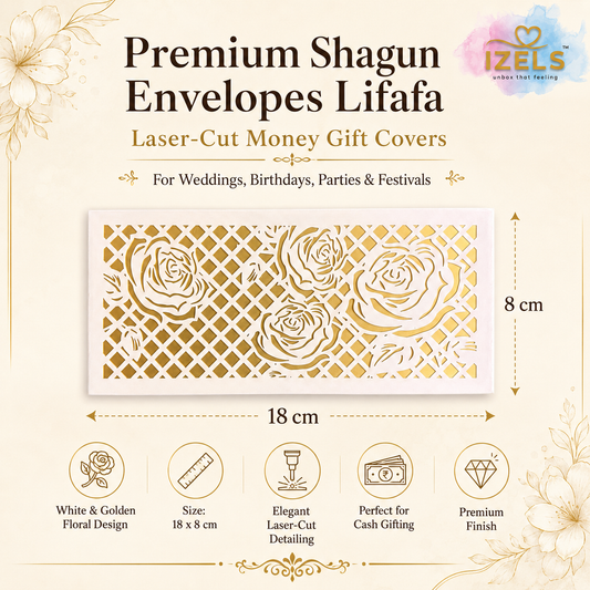Premium WHITE & GOLDEN ROSE Laser Cut Money Envelopes Pack of 10 – Premium Shagun Lifafa, Cash Gift Envelope & Wedding Money Cover by IZELS