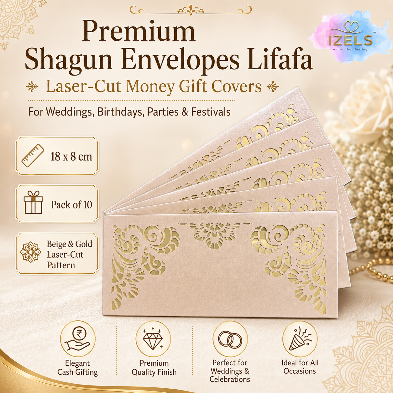 Premium Beige & Gold Laser Cut Money Envelopes Pack of 10 – Premium Shagun Lifafa, Cash Gift Envelope & Wedding Money Cover by IZELS
