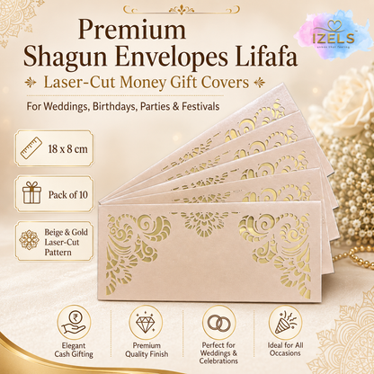 Premium Beige & Gold Laser Cut Money Envelopes Pack of 10 – Premium Shagun Lifafa, Cash Gift Envelope & Wedding Money Cover by IZELS