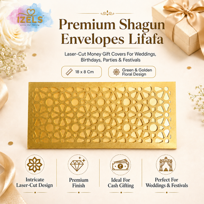 GREEN & GOLD Laser Cut Money Envelopes Pack of 10 – Premium Shagun Lifafa, Cash Gift Envelope & Wedding Money Cover by IZELS