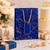 Premium BLUE Glitter Gift Bag 23×18×10 cm | Metallic Paper Gift Bag with Gold Foiling Design, Rope Handle & Tag | Reusable Luxury Gift Bag for Birthday, Wedding, Anniversary & Festive Gifting