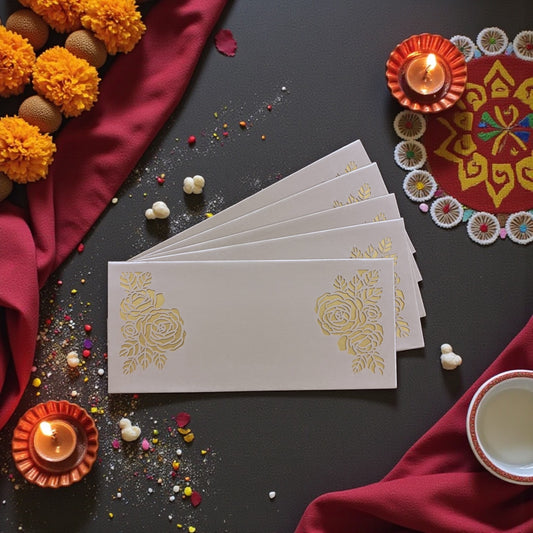 Shagun Lifafa - Grey & Golden Rose Floral Design (10 Pcs)