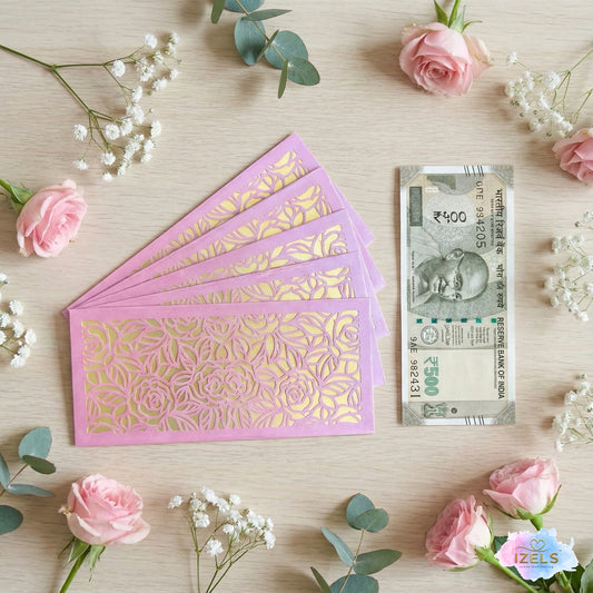 Premium Pink  And Golden Laser Cut Shagun Lifafa – Designer Wedding Money Envelopes India | IZELS| PACK OF 10