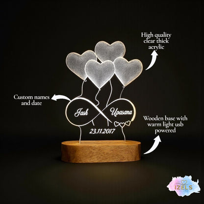 Customised Couple LED Lamp - 4 Hearts